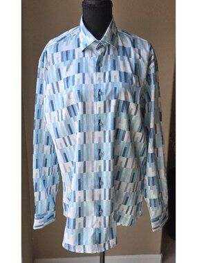 Maceoo Paris Men’s Button-Down Shirt Blue Geometric Print Italian Fabric Size L